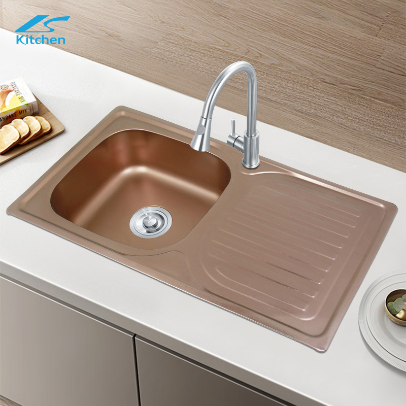 Rose Gold SUS 304 Stainless Steel Single Bowl Kitchen Sink with Utility Shelf – Top Mount Design for Home and Rural Kitchens – Deep Basin & Modern House Sink