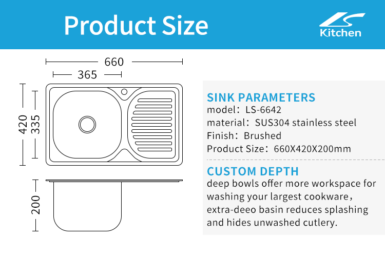 Hot sale Unique 304 Stainless Steel Single Basin Kitchen Laundry Sink Square Design Deep Drainboard Single Basin