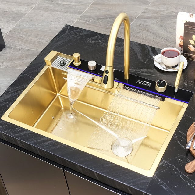 Smart Golden Luxury 304 Stainless Steel Nano Waterfall Rainfall Honeycomb Piano Key Kitchen Sink