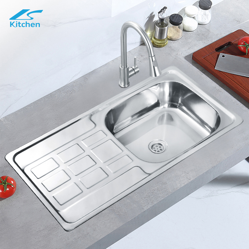Single Bowl Above Counter Kitchen Sink with Special-shape Drainboard Factory Stainless Steel Rectangular Sink Use in Farmhouse