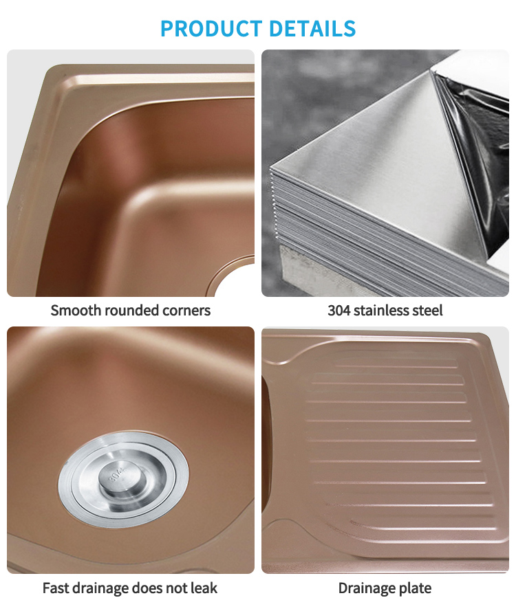 Rose Gold SUS 304 Stainless Steel Single Bowl Kitchen Sink with Utility Shelf – Top Mount Design for Home and Rural Kitchens – Deep Basin & Modern House Sink