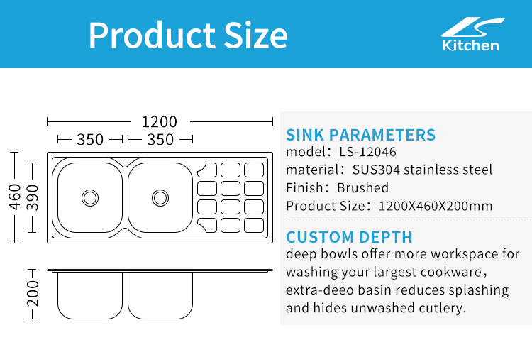 LS-12046B Modern accessories undermount large 304 double bowl basin sinks