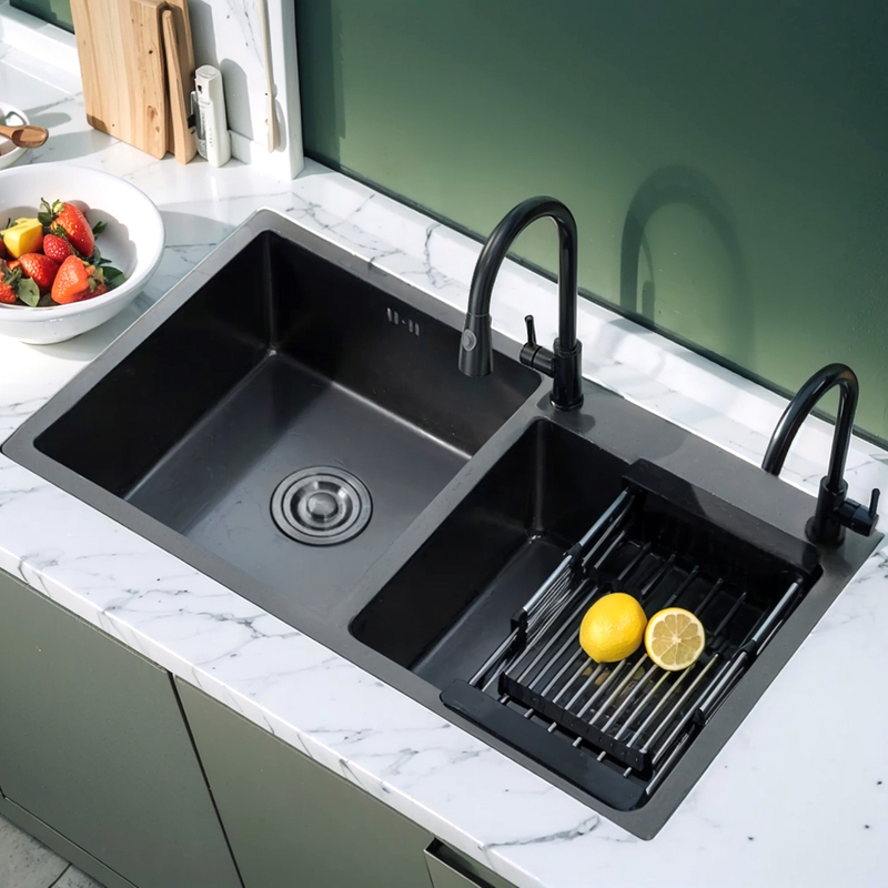 7843 Black Fregadero SUS304 Deep Basin Nano Double Bowl Undermount Handmade Stainless Steel Black Kitchen Sink