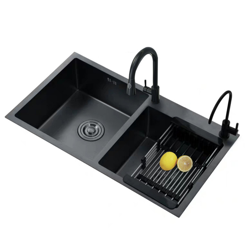 Fregadero SUS304 Deep Basin Nano Double Bowl Undermount Handmade Stainless Steel Black Kitchen Sink