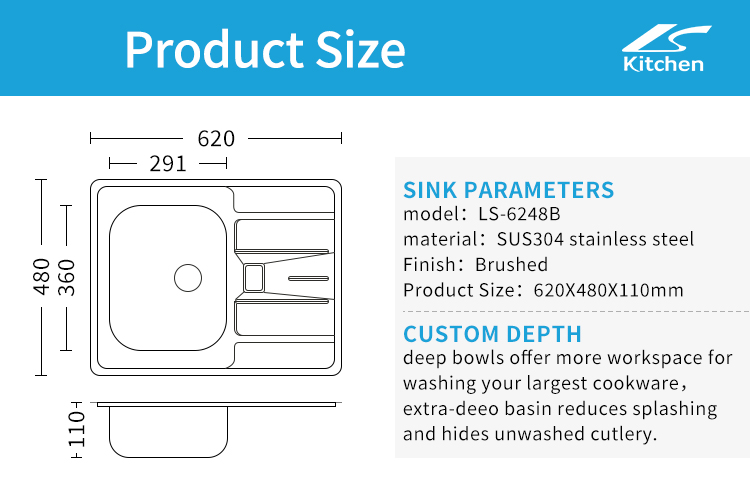 China Factory 201/304 Stainless Steel Single Bowl Kitchen Sink with Plate, Farmhouse & RV Use – Hydraulic Pressed Sink