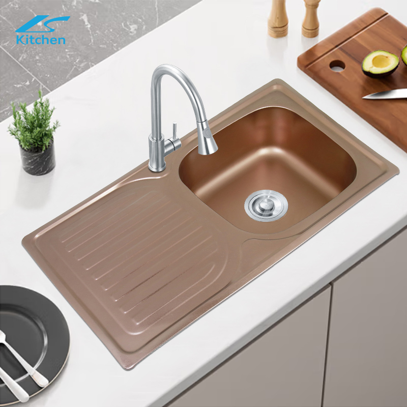 Rose Gold SUS 304 Stainless Steel Single Bowl Kitchen Sink with Utility Shelf – Top Mount Design for Home and Rural Kitchens – Deep Basin & Modern House Sink