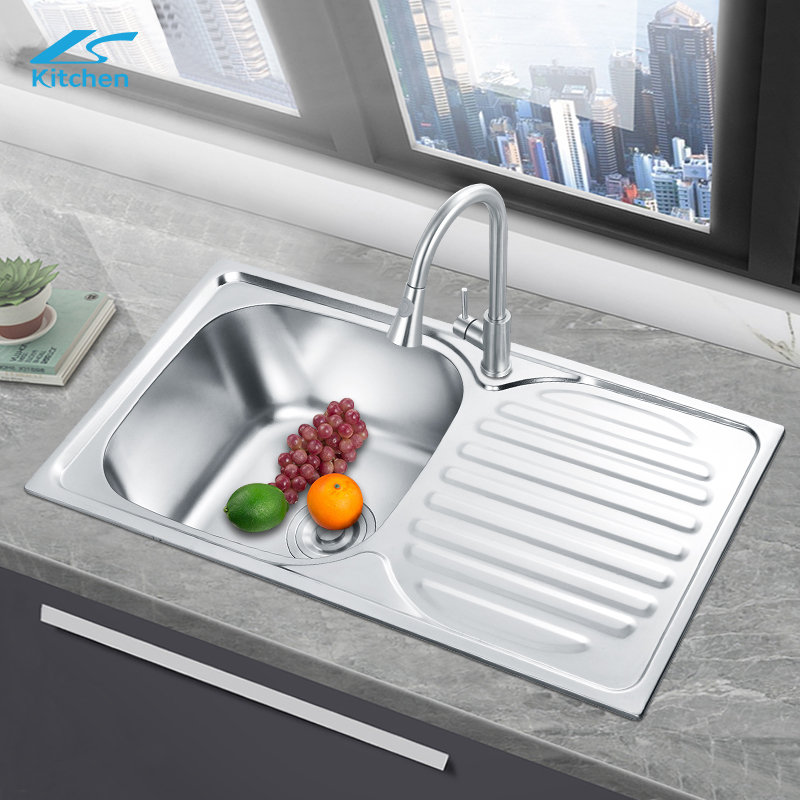 Brushed Silver Stainless Steel Single Bowl Kitchen Sink with Utility Shelf – Top Mount Design for Home and Workstation