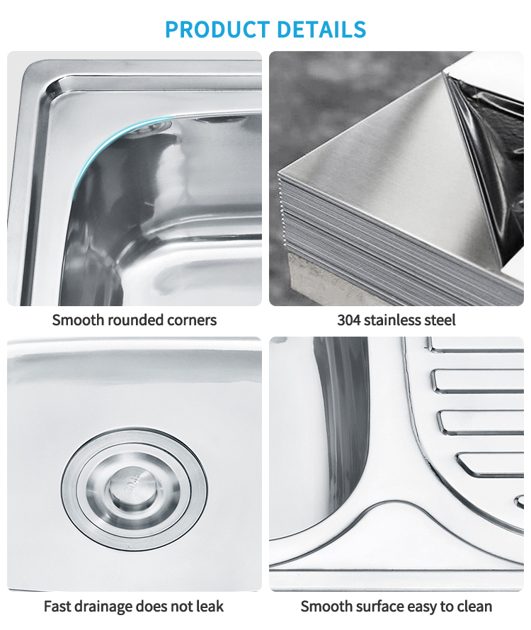 Hot sale Unique 304 Stainless Steel Single Basin Kitchen Laundry Sink Square Design Deep Drainboard Single Basin
