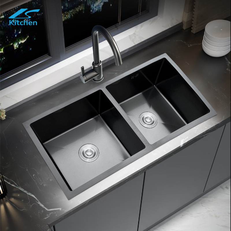 Black Handmade 34.65" Large Kitchen Sink Double bowl without Faucet Durable and rust protection suitable for Workstation 