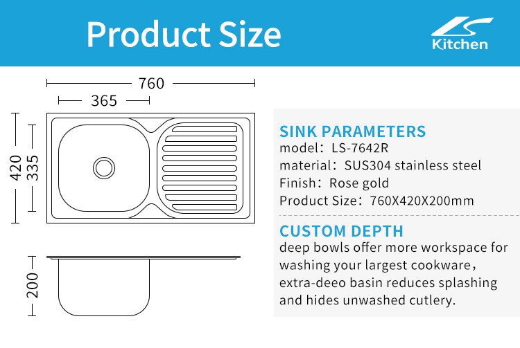 Rose Gold SUS 304 Stainless Steel Single Bowl Kitchen Sink with Utility Shelf – Top Mount Design for Home and Rural Kitchens – Deep Basin & Modern House Sink