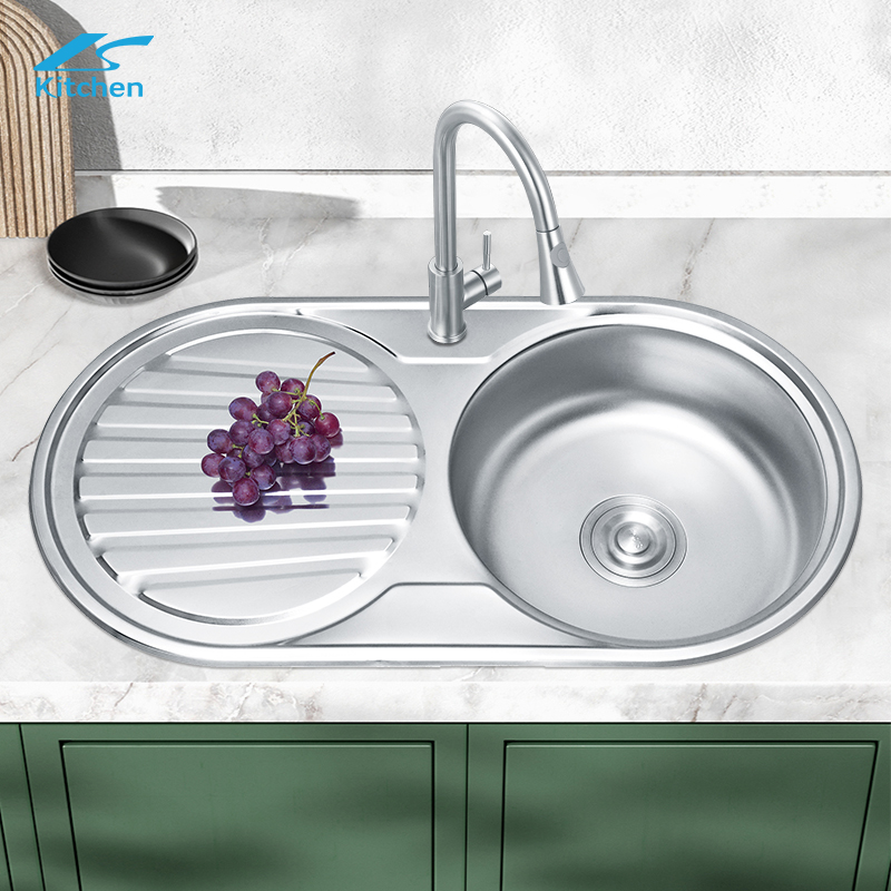 Single kitchen sink round basin with plate and round pattern