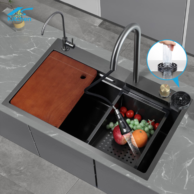 Nano Step Kitchen Sink 304 Stainless Steel Handmade Above Mount Waterfall Faucet Farmhouse Kitchen Sinks