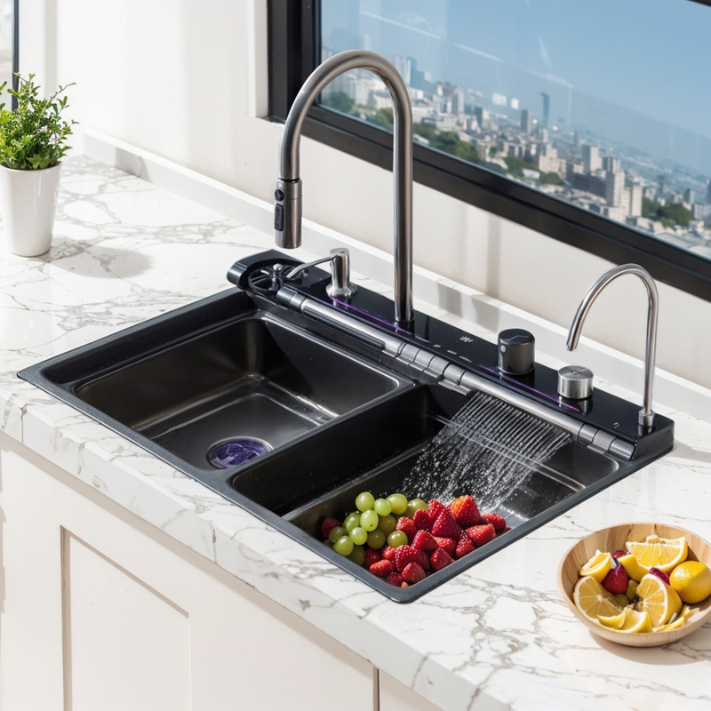 LED Digital Nano Handmade Modern Single-slot Thickened 304 Stainless Steel Waterfall Faucets Multifunction Smart Kitchen Sink