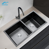 Black Handmade 34.65" Large Kitchen Sink Double bowl without Faucet Durable and rust protection suitable for Workstation 