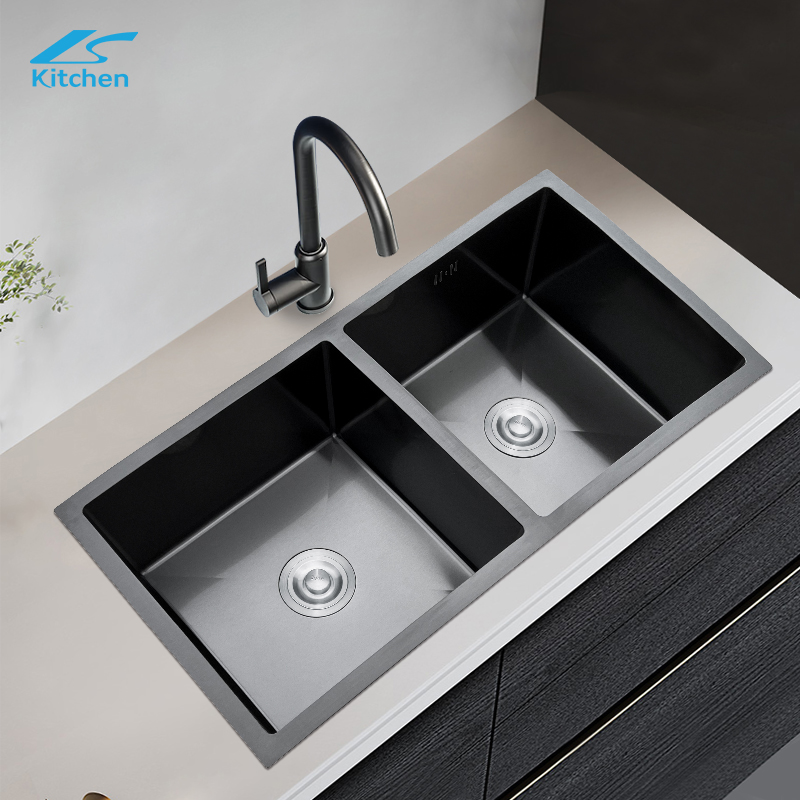 Black Handmade 34.65" Large Kitchen Sink Double bowl without Faucet Durable and rust protection suitable for Workstation 